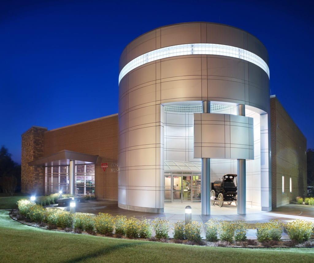 Conoco Museum, exterior photo of the front entrance at night