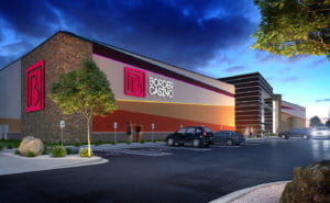 An eye-level rendering of the Chickasaw Nation Border Casino at night