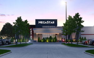 MegaStar Casino exterior rendering of front entrance at dusk