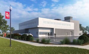 Architectural rendering of the new Plant 3 facility at the OU Health Sciences Center with modern design and cooling towers.